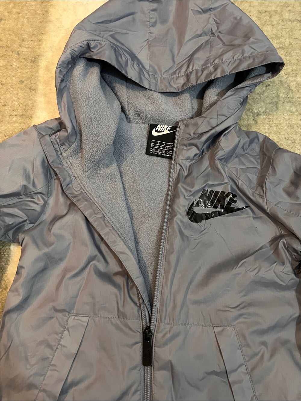Nike Kids Gray Hooded Rain Jacket with Fleece Lining